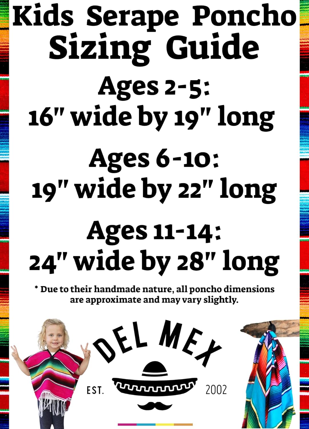 Del Mex Youth Kids Mexican Serape Poncho Costume for Ages 2-14
