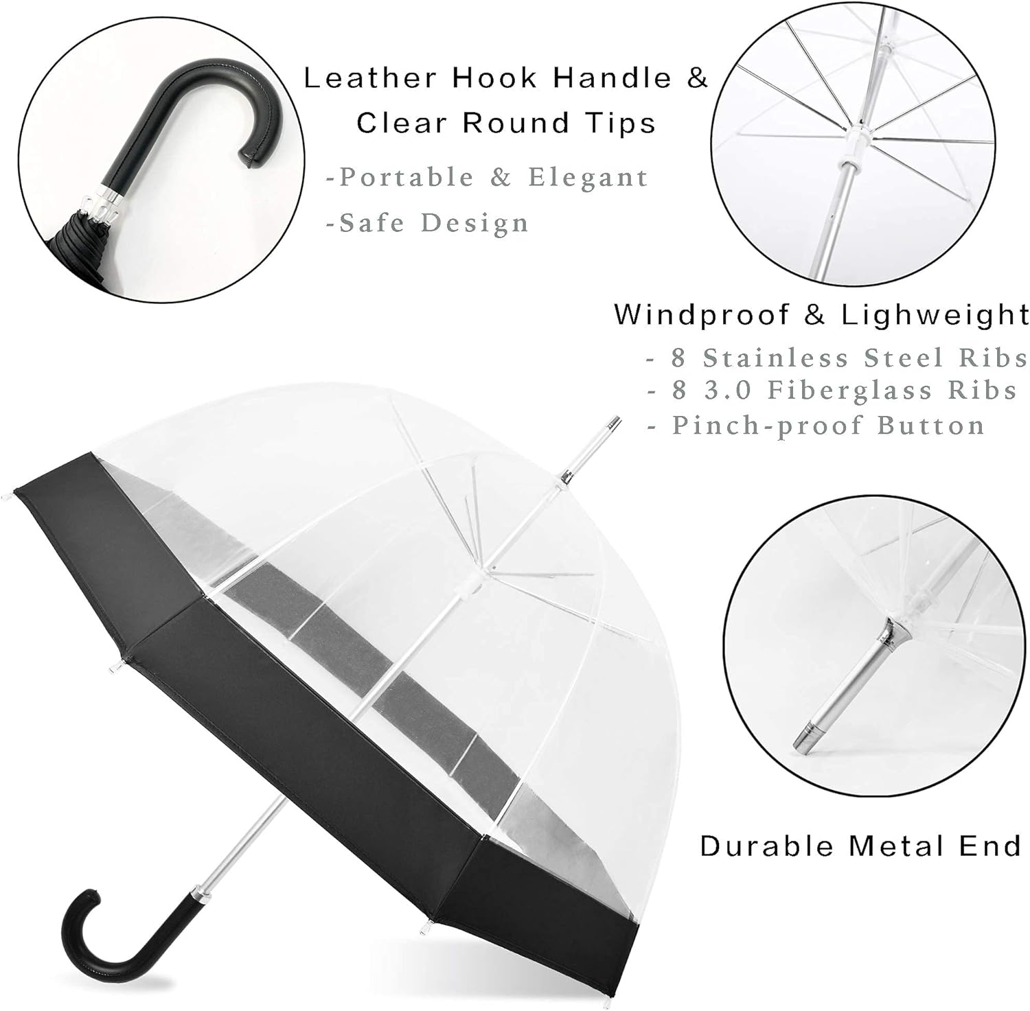 Clear Bubble Umbrella for Women Girls with Black Trim and Leather Hook