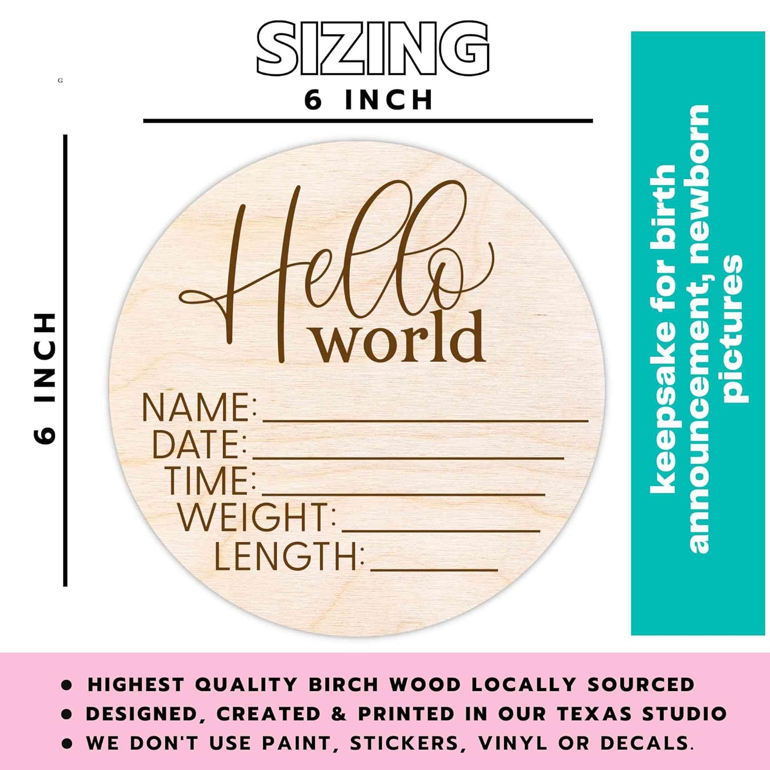 Hello World Newborn Sign - Custom Birth Announcement Plaque 1