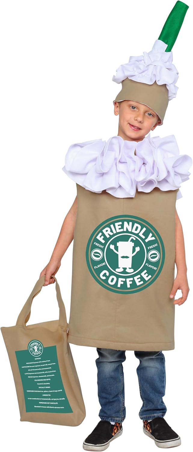 Dress Up America Coffee Costume for Kids - Frappuccino Latte Tunic Hat Bag