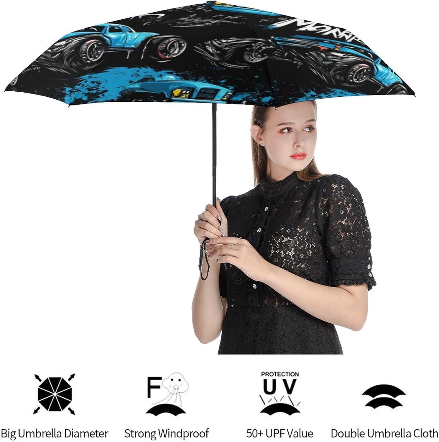 Monster Truck Windproof Folding Sun Rain Umbrella - Black Auto OpenClose