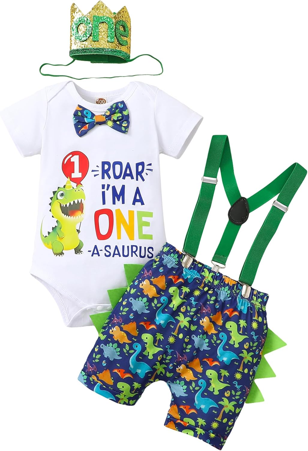 Baby Boy 1st Birthday Dinosaur Romper Suspenders Set