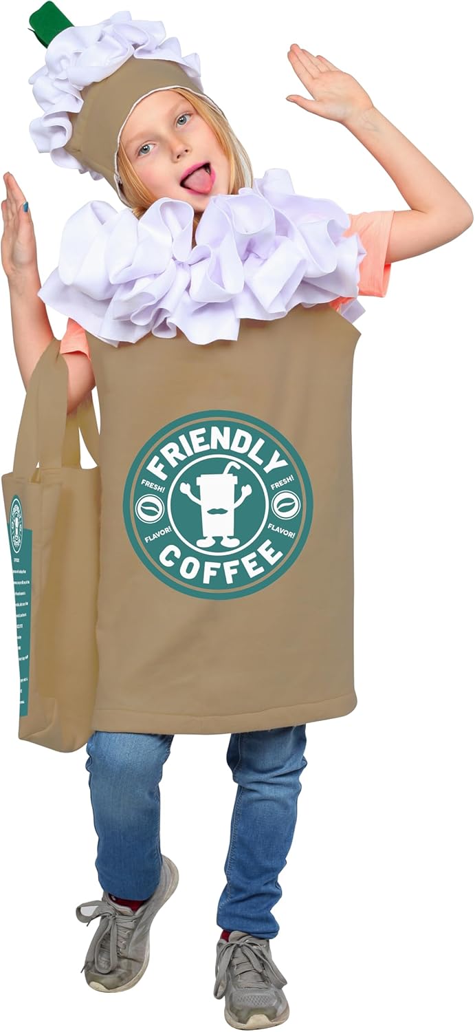 Dress Up America Coffee Costume for Kids - Frappuccino Latte Tunic Hat Bag