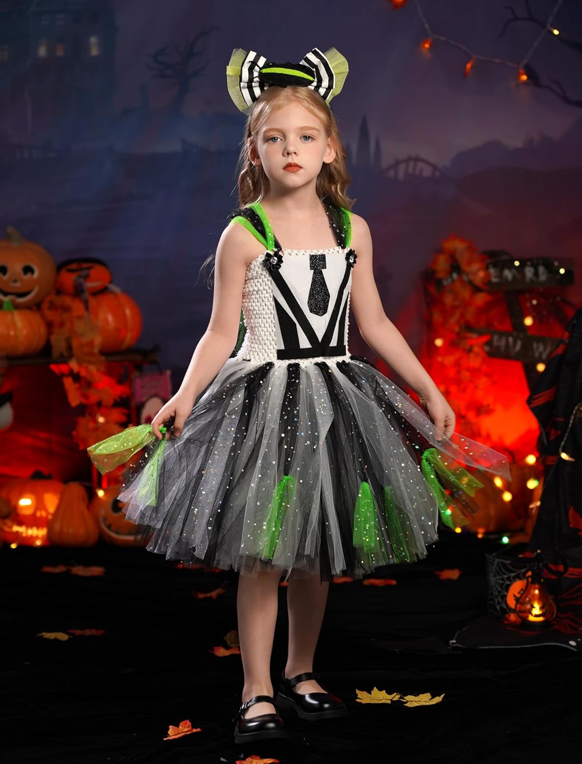 Kids Girls Halloween Costume Black White Striped Tulle Tutu Dress and Headband 2PCS