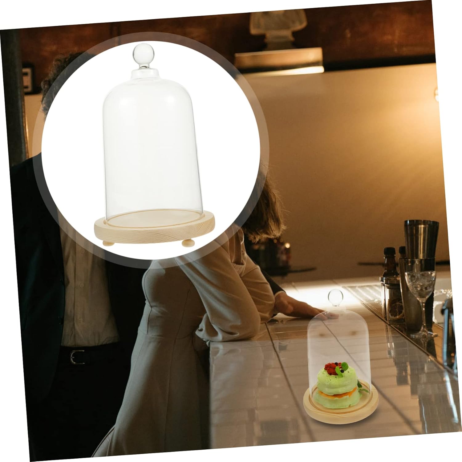 DOITOOL Clear Glass Dome Cloche with Wood Base