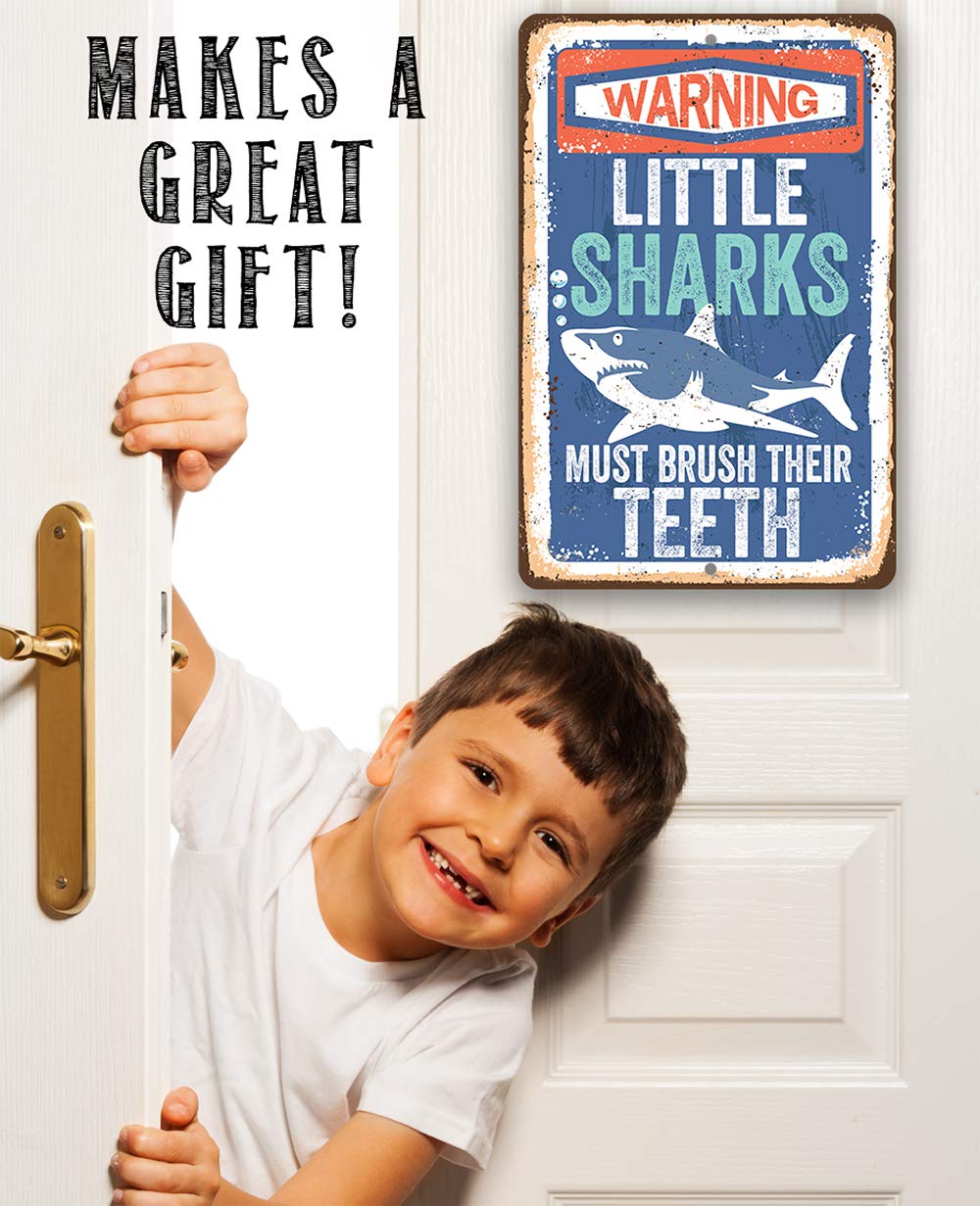 Little Sharks Brush Teeth Wall Art - 12x18 Durable Metal Sign