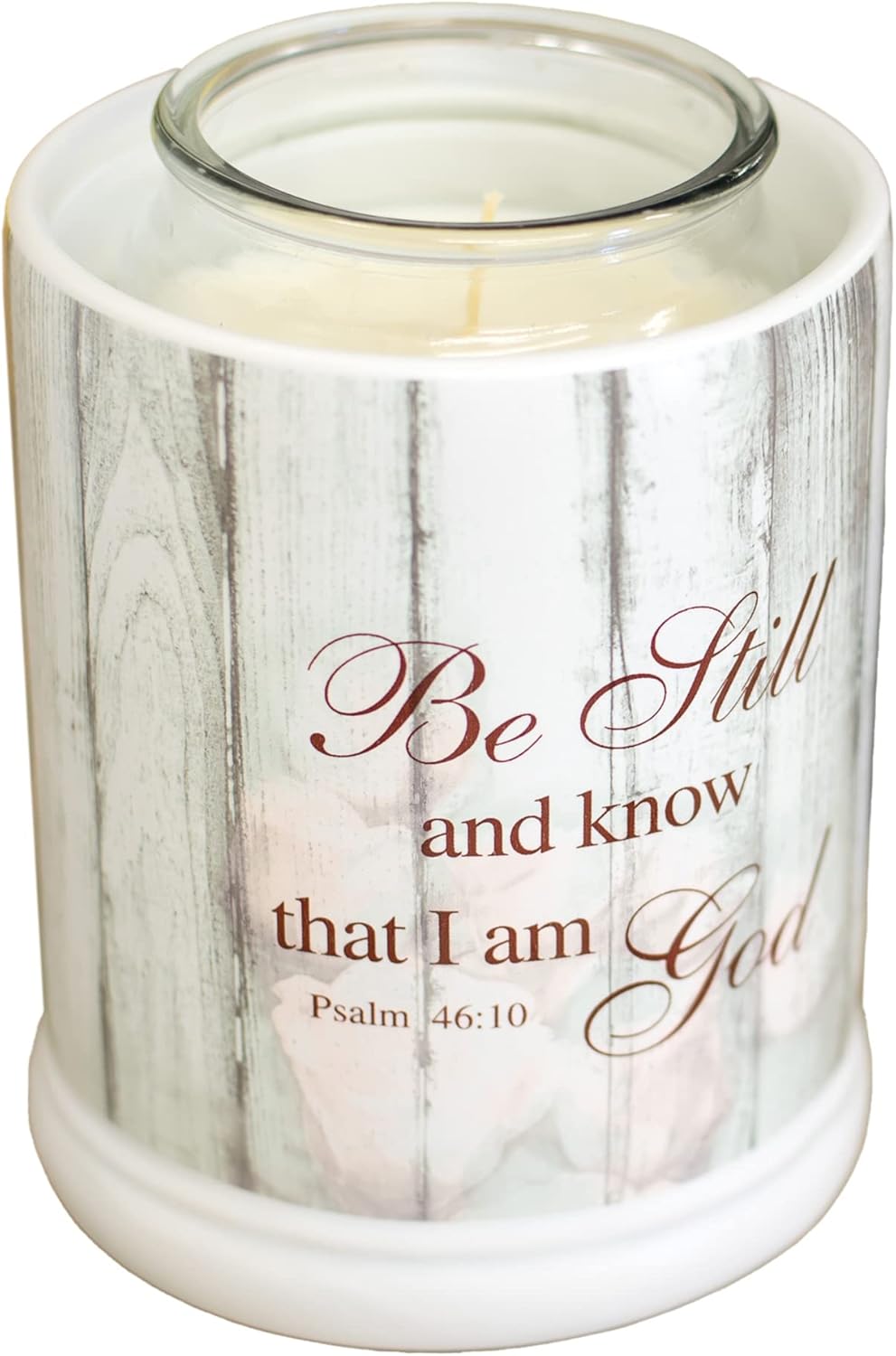 Be Still and Know Distressed Wood Design White Ceramic Jar Warmer