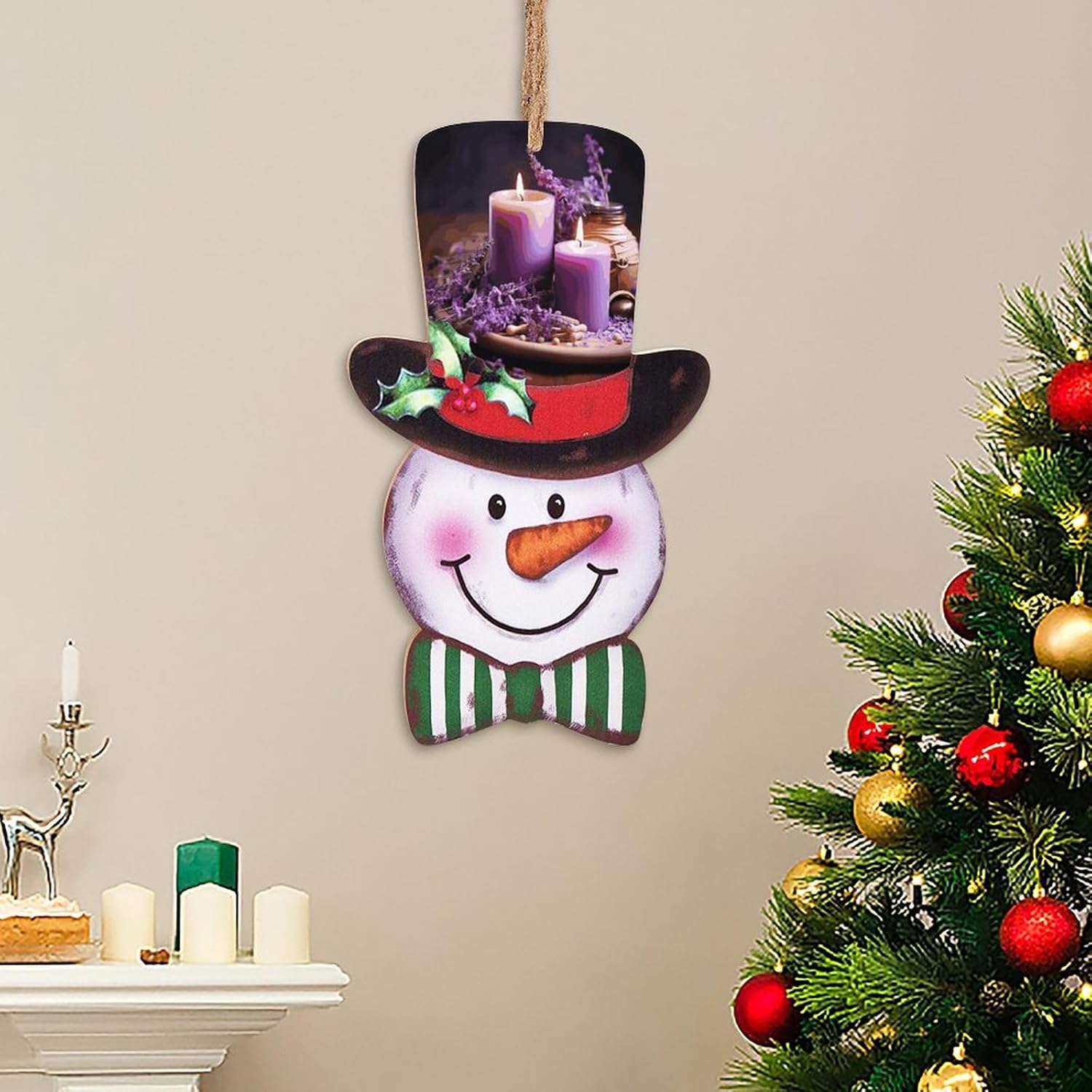Christmas Snowman Wooden Sign - 138x87 Inch Purple Lavender with Candles