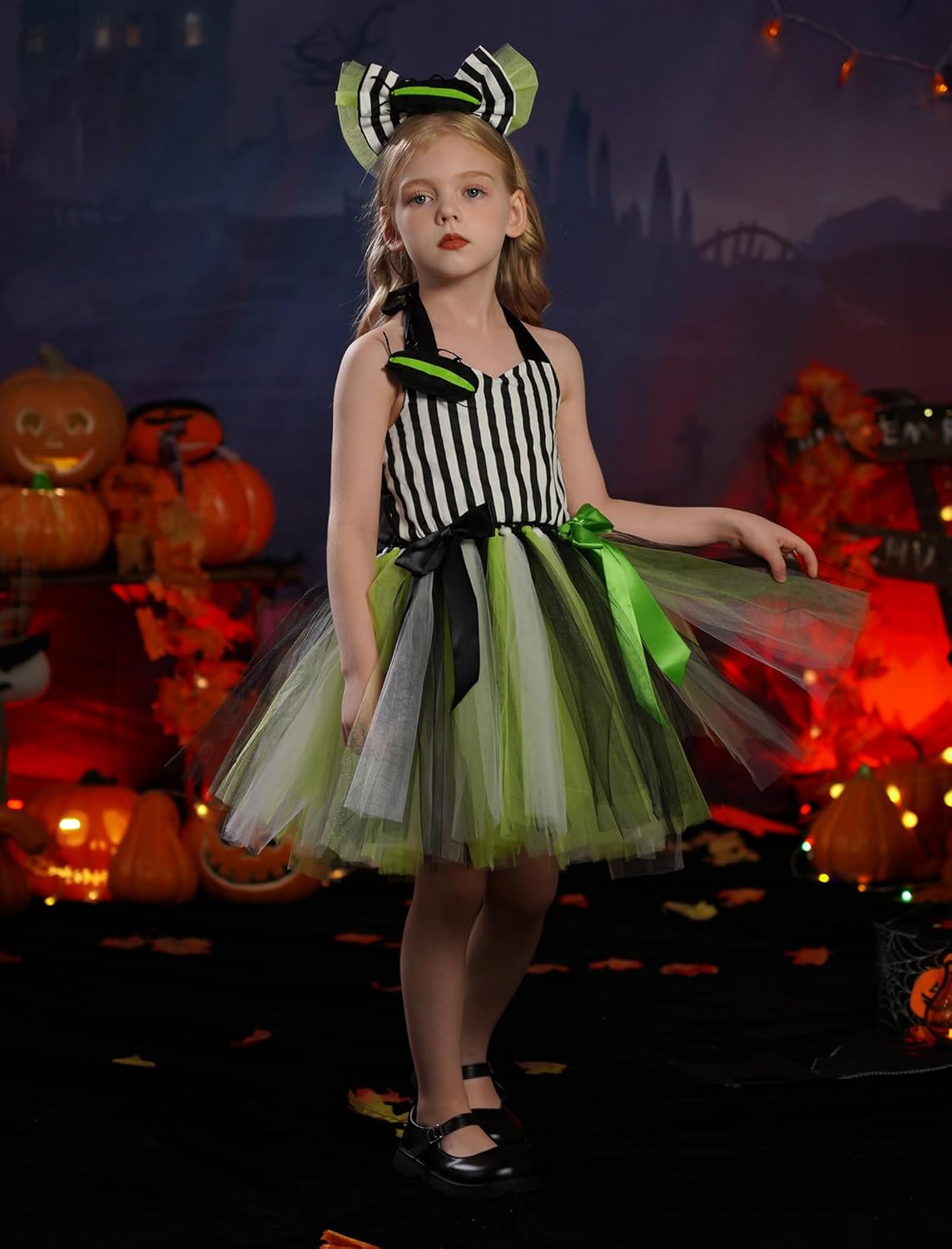 IDOPIP Kids Girls Black and White Striped Halloween Costume Set