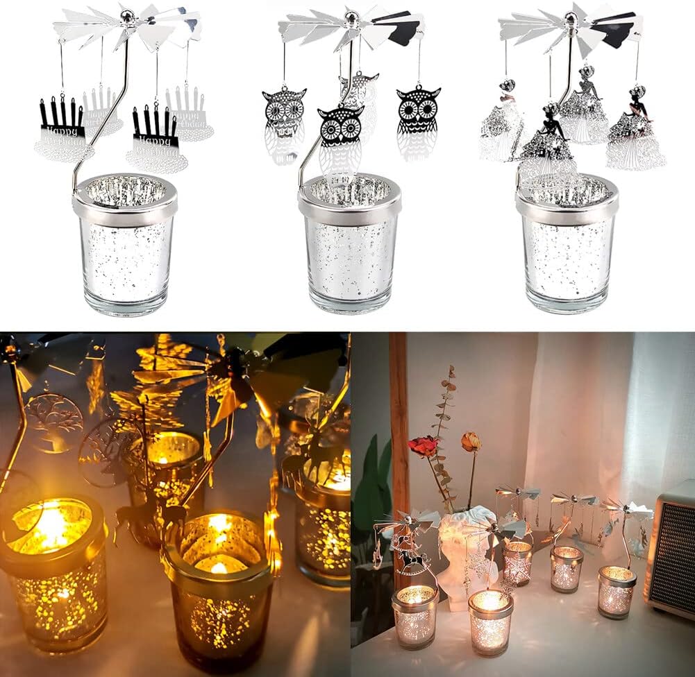 Eforcase Silver Spinning Candle Holder with Glass Cup