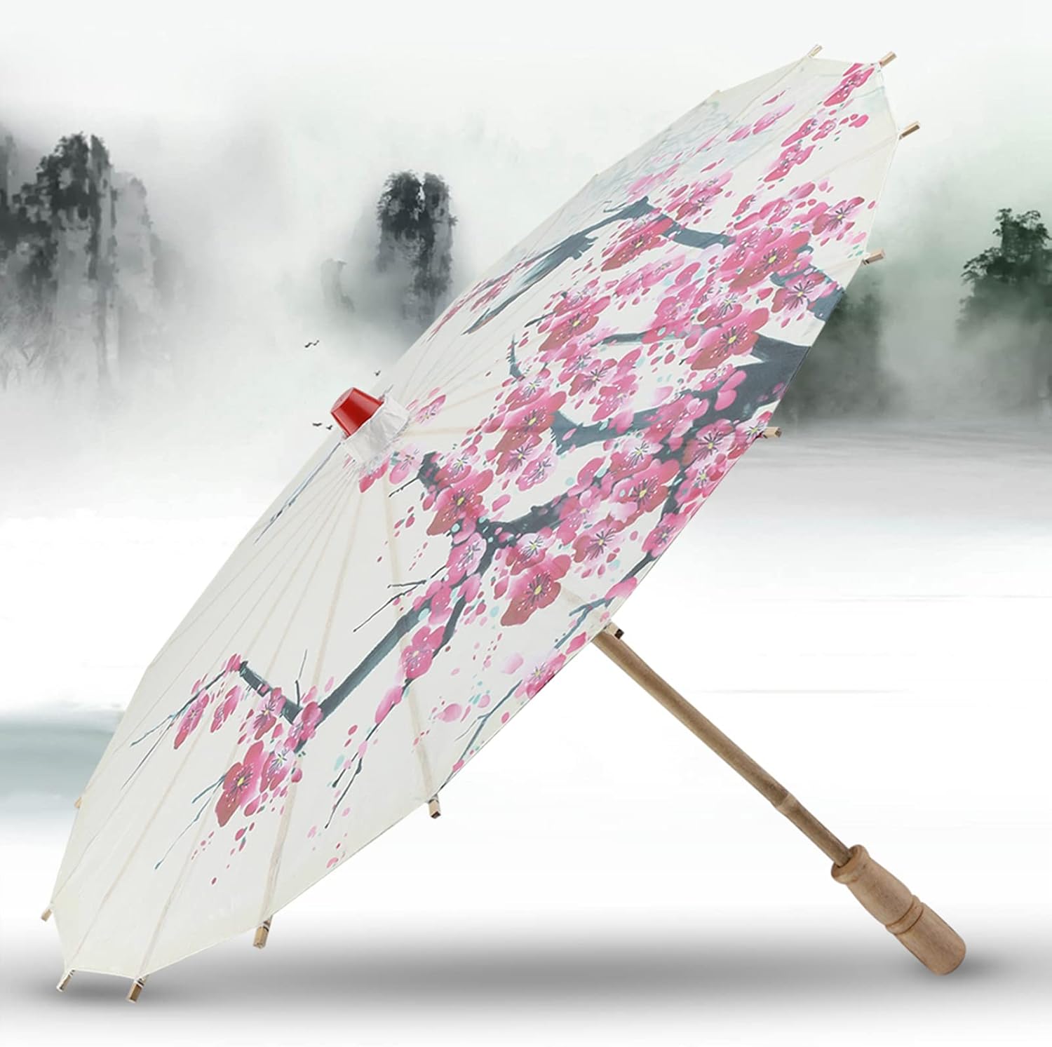 Jerliflyer 22 Inch Handmade Oiled Paper Umbrella with Plum Blossom Design