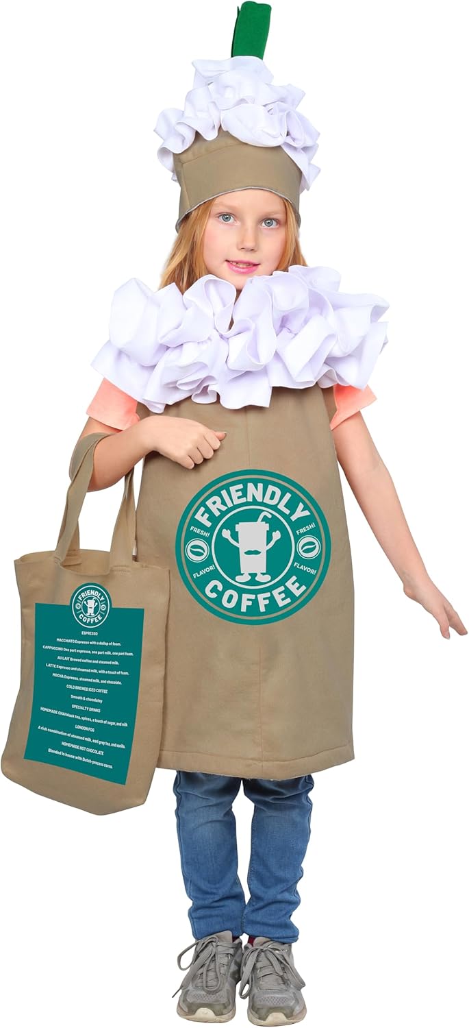 Dress Up America Coffee Costume for Kids - Frappuccino Latte Tunic Hat Bag