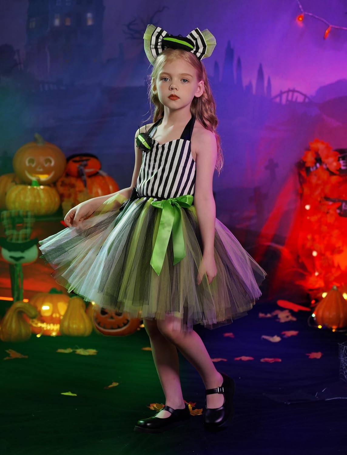 IDOPIP Kids Girls Black and White Striped Halloween Costume Set