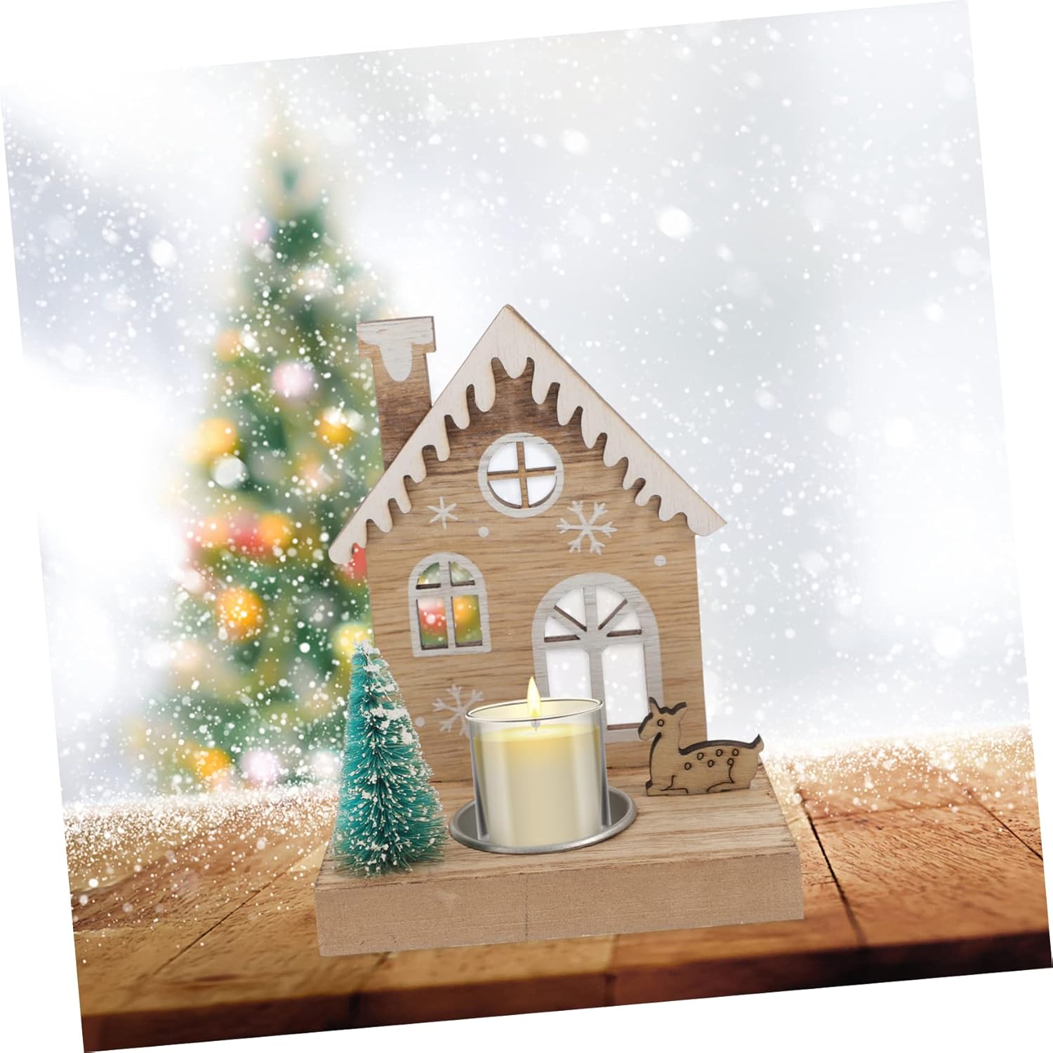 Christmas Reindeer Candle Holder Wooden Tea Light Stand