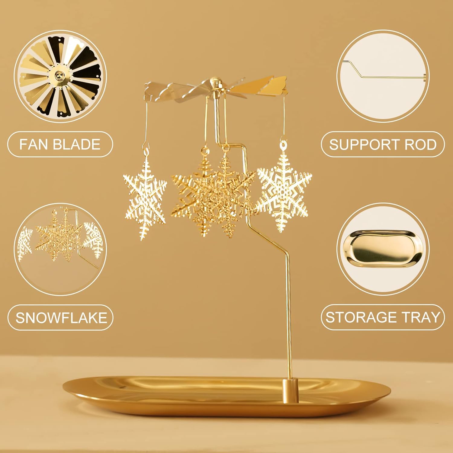 Creahaus Gold Snowflake Spinning Candle Holder with Tray