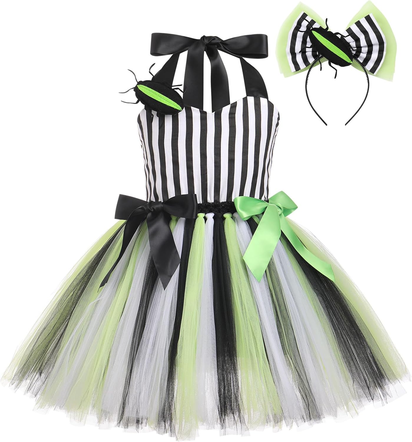 IDOPIP Kids Girls Black and White Striped Halloween Costume Set