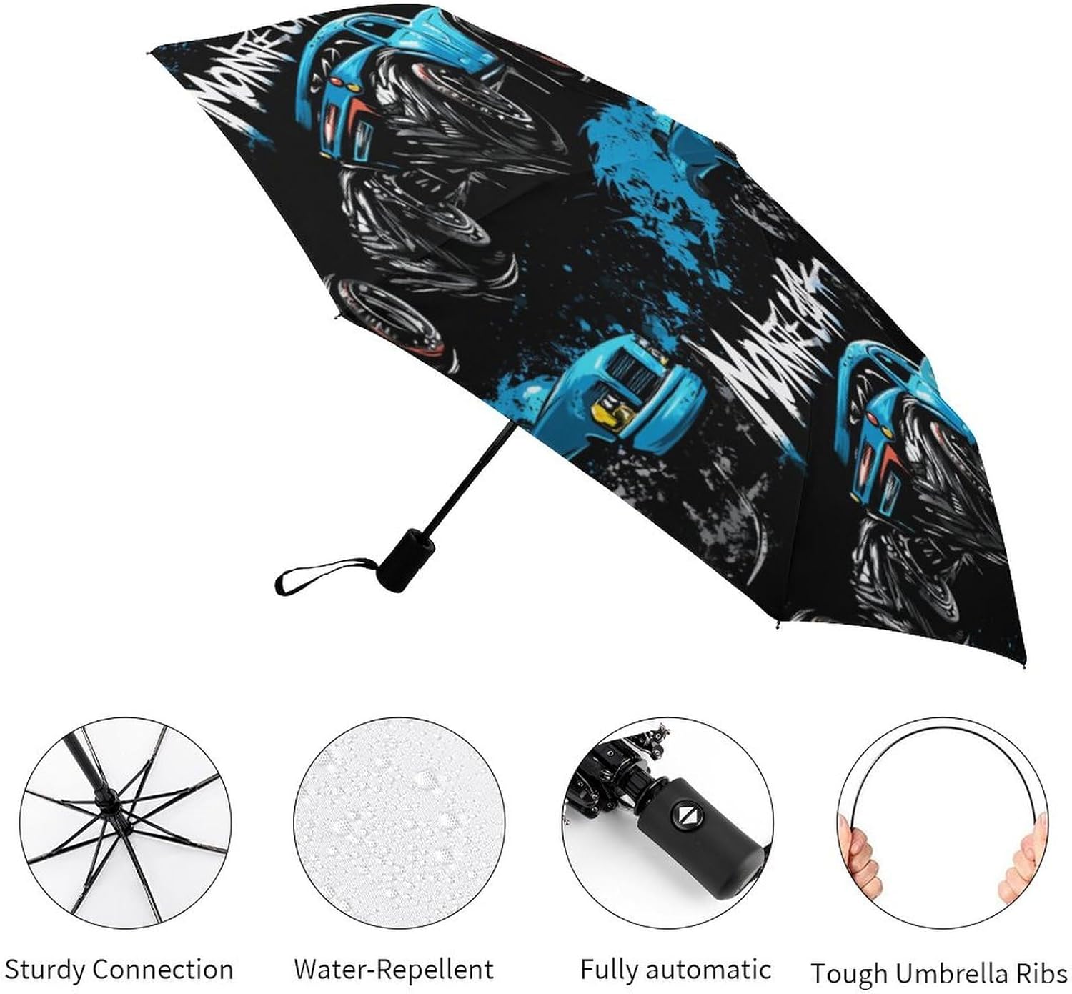 Monster Truck Windproof Folding Sun Rain Umbrella - Black Auto OpenClose