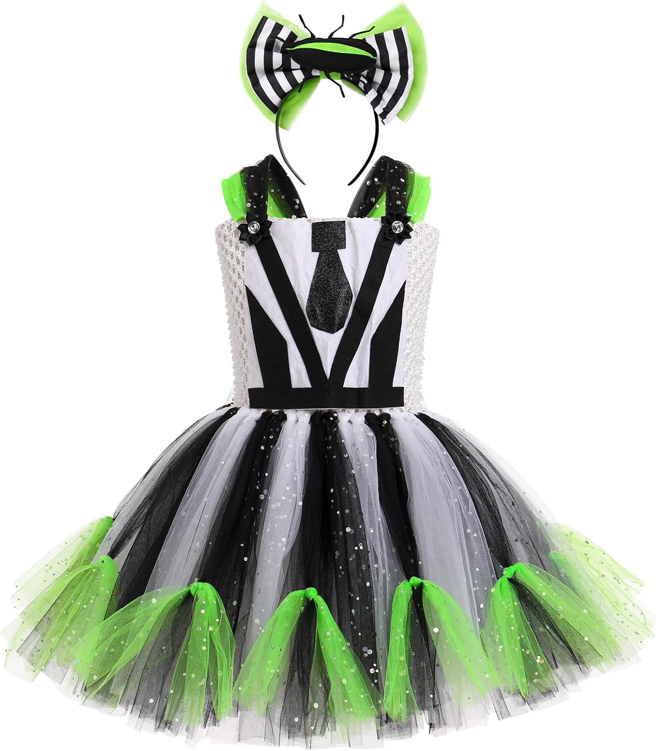 Kids Girls Halloween Costume Black White Striped Tulle Tutu Dress and Headband 2PCS