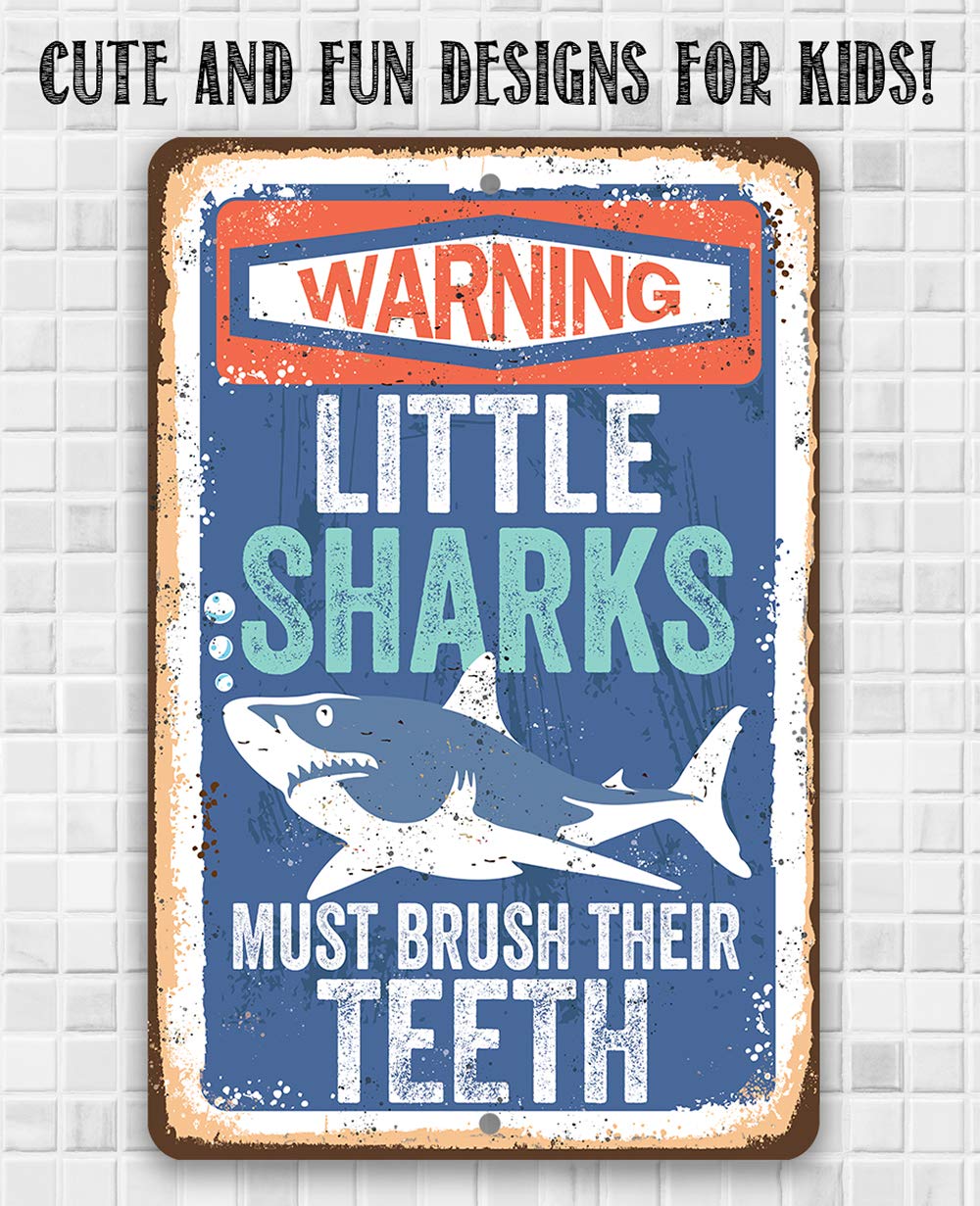Little Sharks Brush Teeth Wall Art - 12x18 Durable Metal Sign