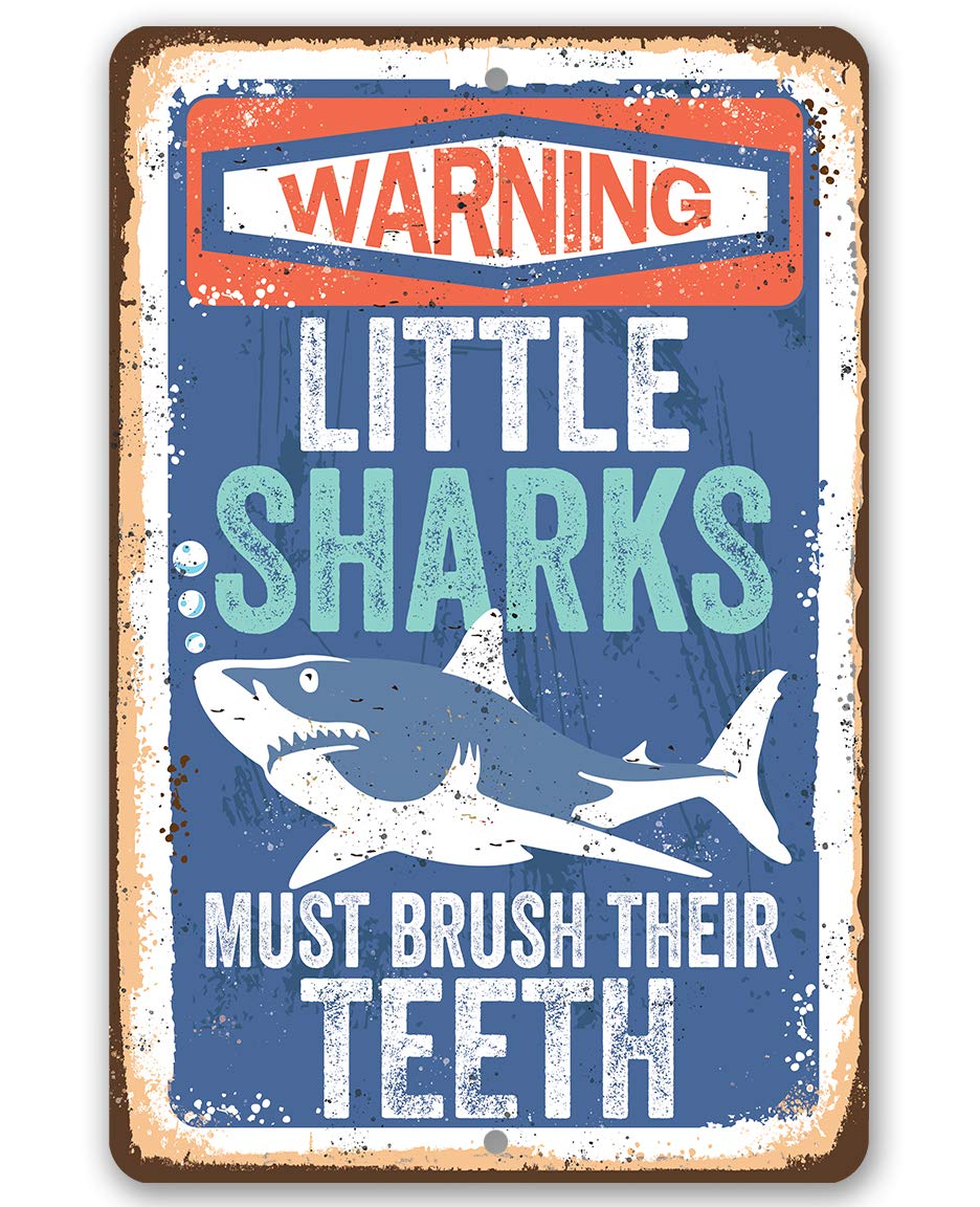 Little Sharks Brush Teeth Wall Art - 12x18 Durable Metal Sign