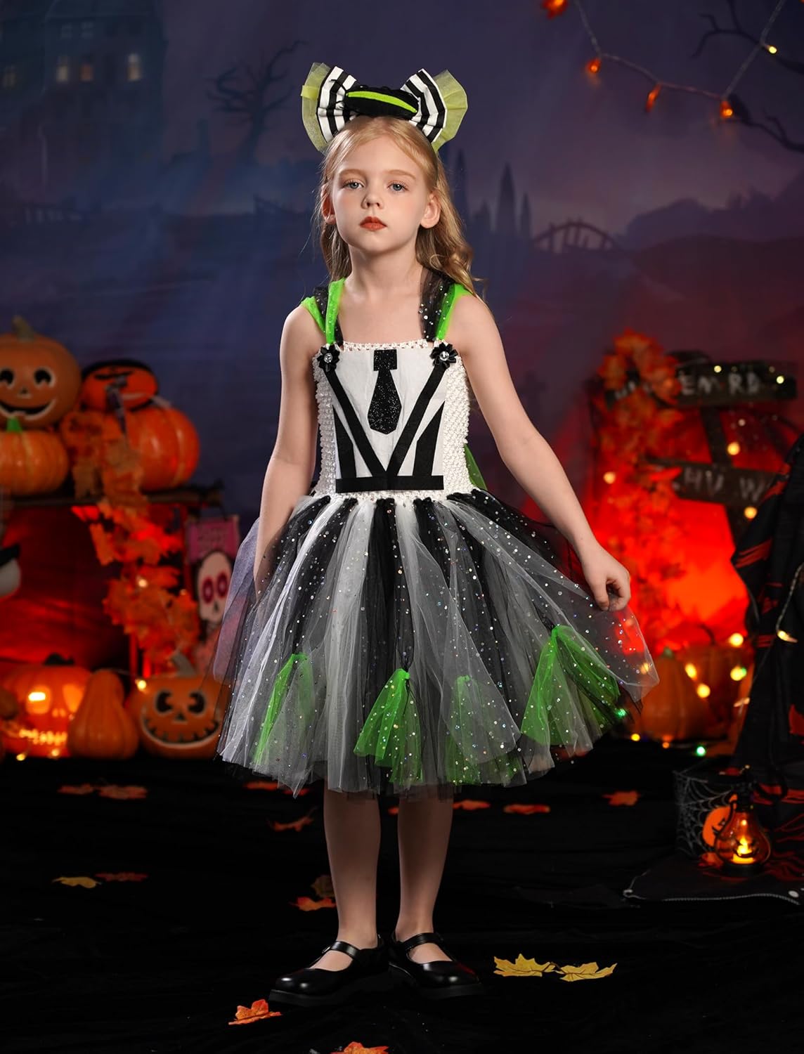 Kids Girls Halloween Costume Black White Striped Tulle Tutu Dress and Headband 2PCS