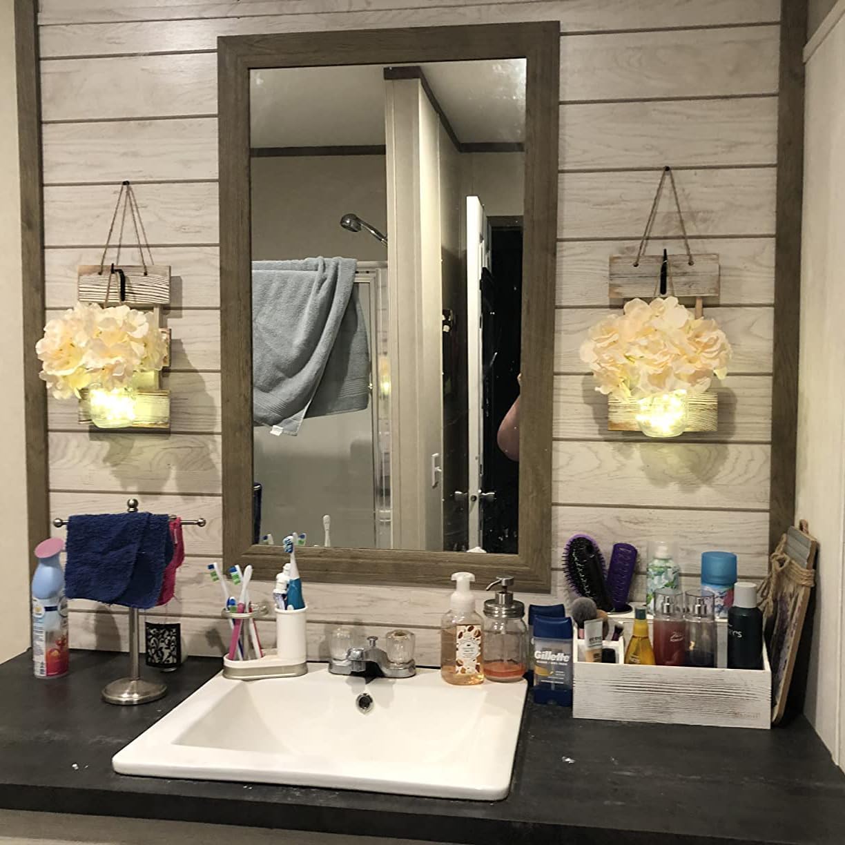 Rustic Mason Jar Wall Sconces with LED Lights Timer Set of 2