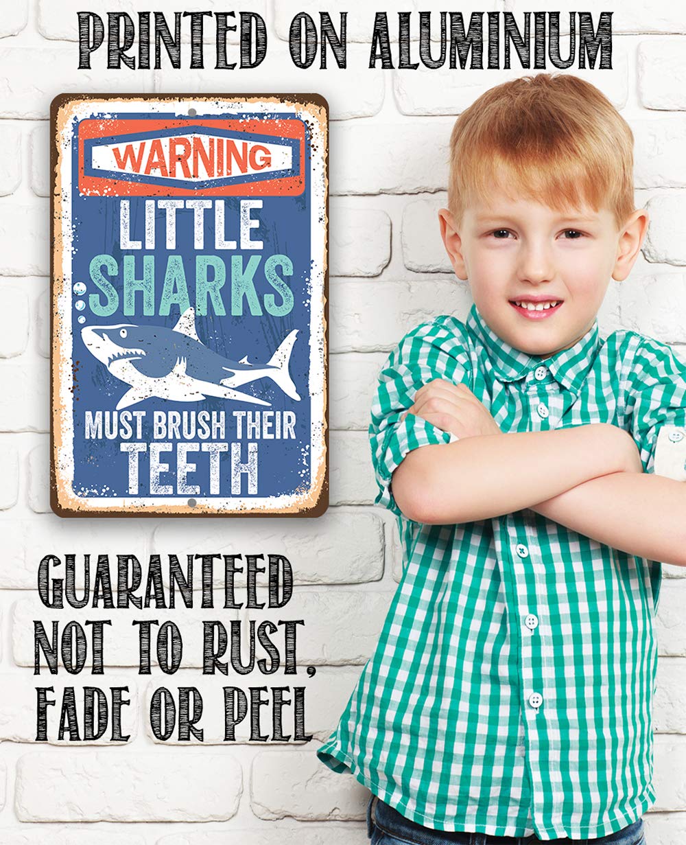 Little Sharks Brush Teeth Wall Art - 12x18 Durable Metal Sign
