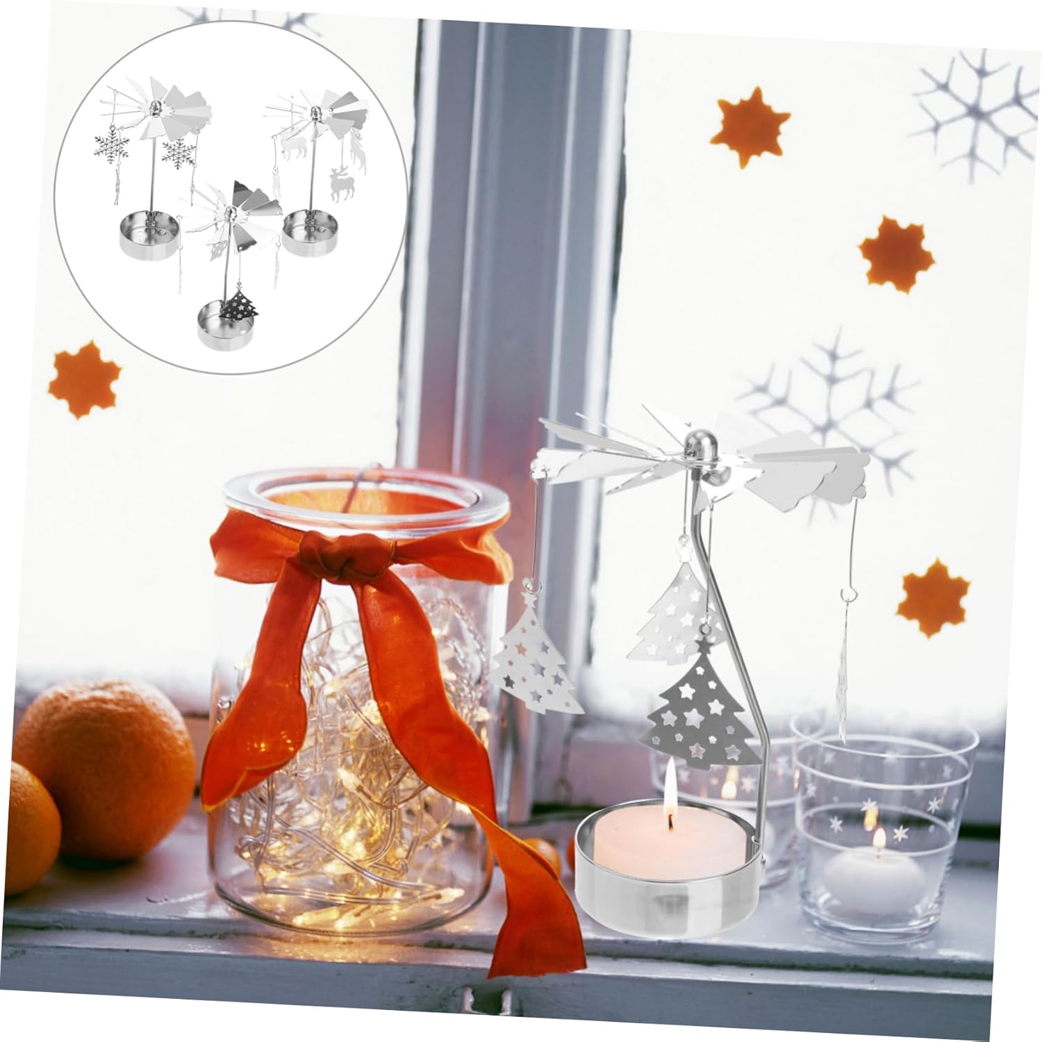 3Pcs Metal Carousel Candle Holder with Deer and Snowflake Decor