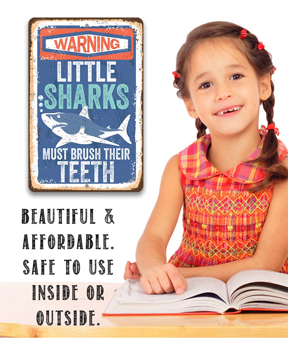 Little Sharks Brush Teeth Wall Art - 12x18 Durable Metal Sign