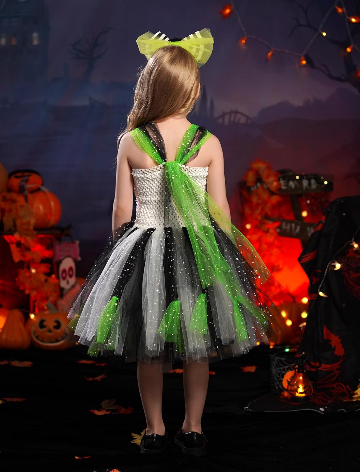Kids Girls Halloween Costume Black White Striped Tulle Tutu Dress and Headband 2PCS