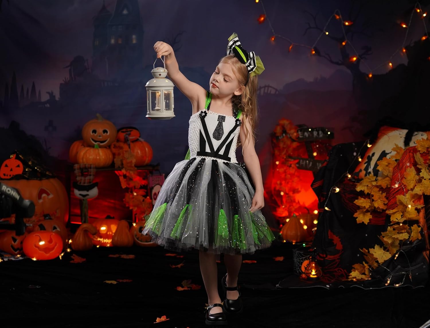 Kids Girls Halloween Costume Black White Striped Tulle Tutu Dress and Headband 2PCS