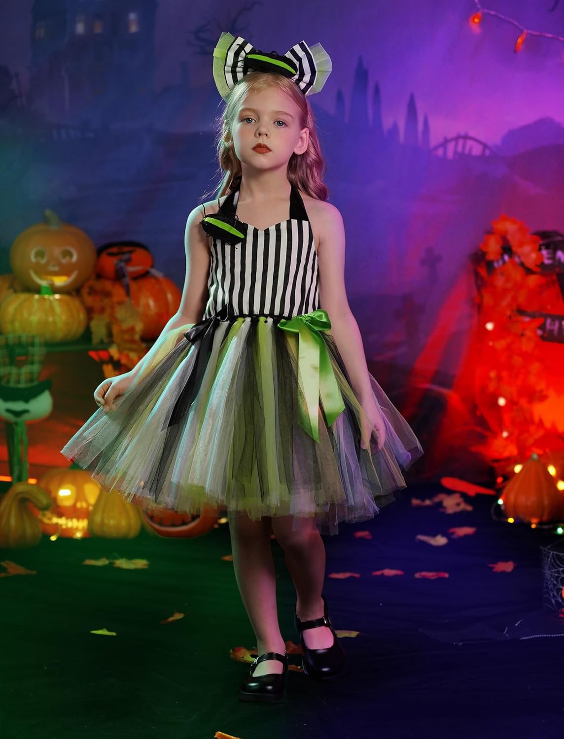 IDOPIP Kids Girls Black and White Striped Halloween Costume Set