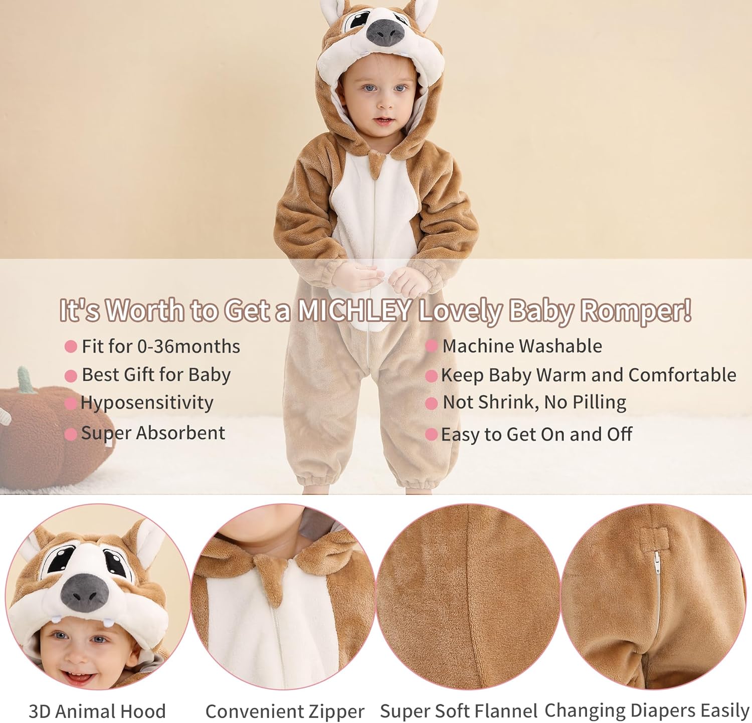 MICHLEY Baby Animal Costume Flannel Hooded Romper 1