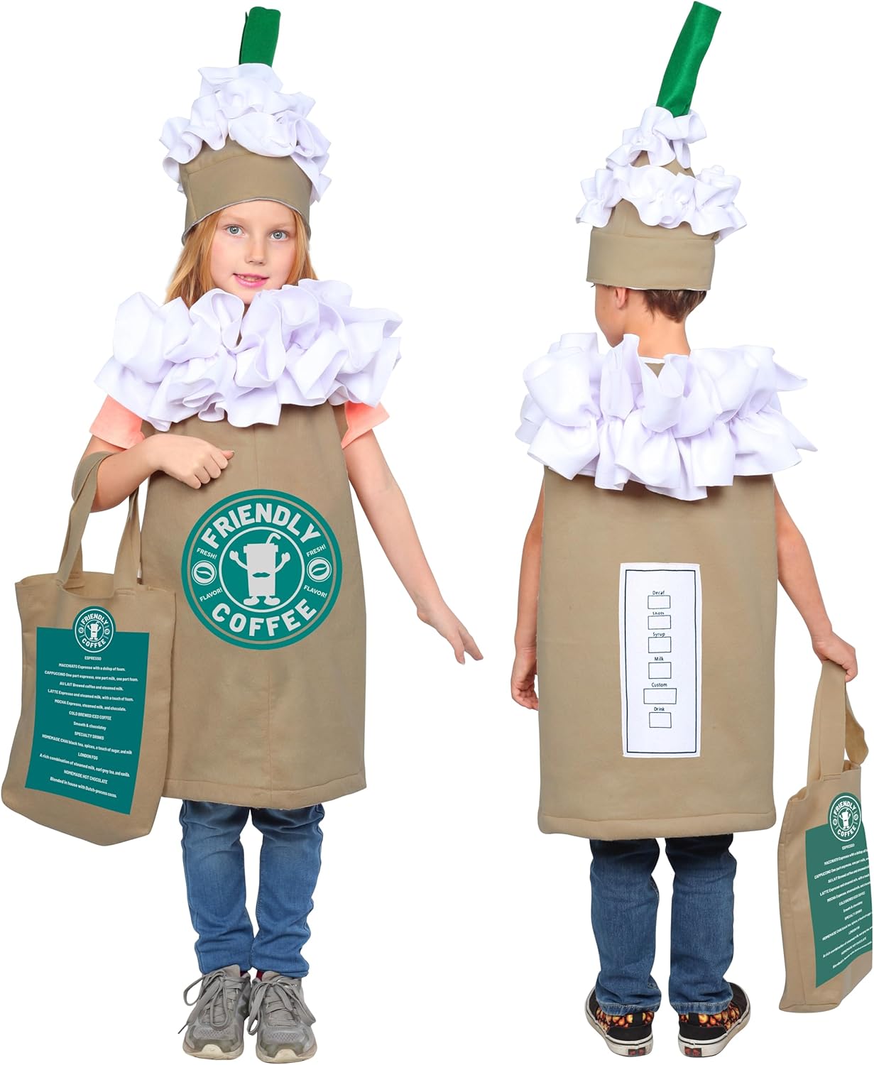 Dress Up America Coffee Costume for Kids - Frappuccino Latte Tunic Hat Bag