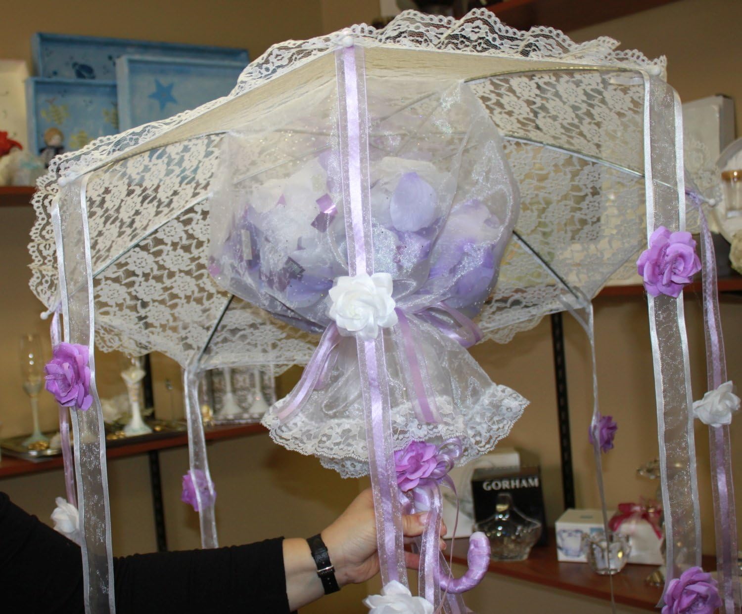 FavorOnline Shower of Happiness White Lace Umbrella with Rose Petals and Confetti
