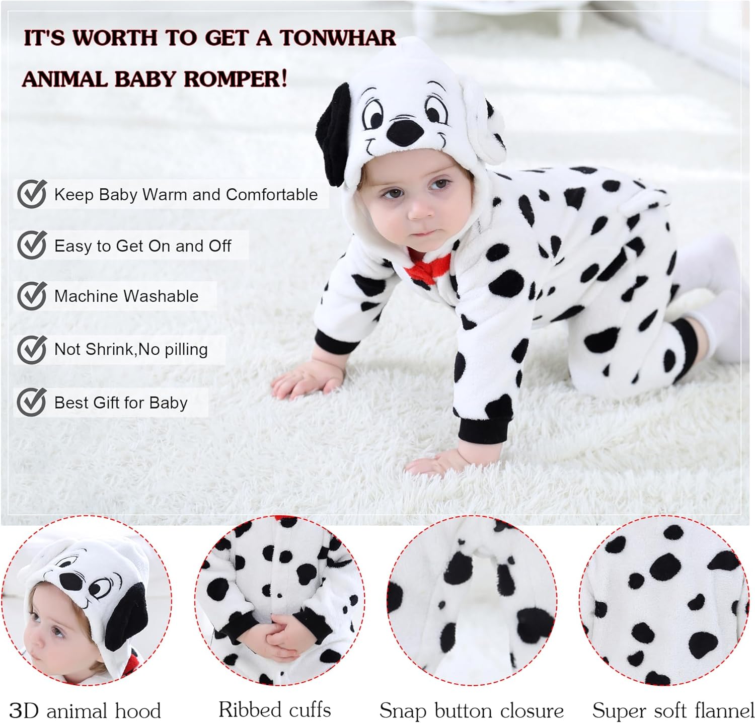 TONWHAR Winter Hooded Romper for Baby and Toddler