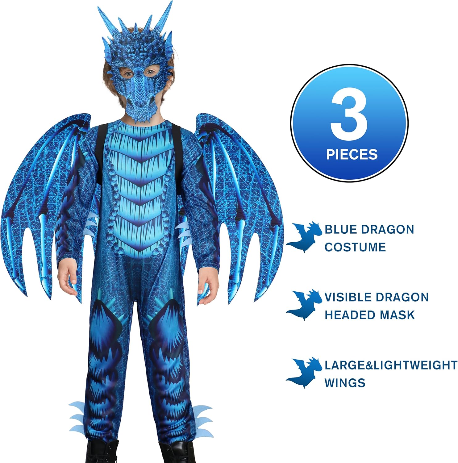 IKALI Kids Blue Dragon Costume with Wings and Mask Set
