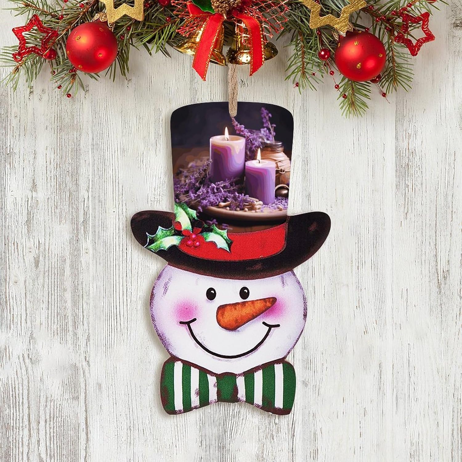 Christmas Snowman Wooden Sign - 138x87 Inch Purple Lavender with Candles