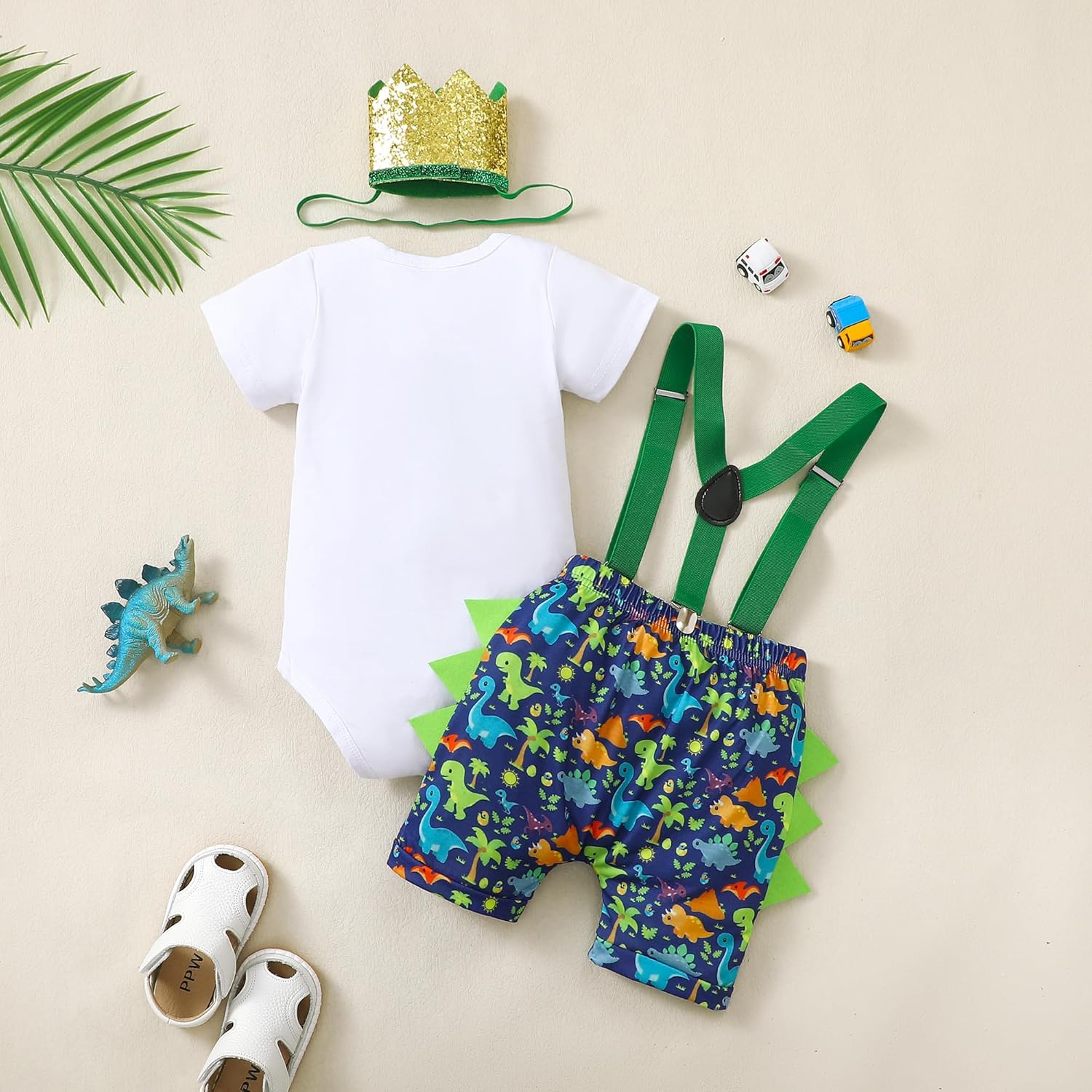 Baby Boy 1st Birthday Dinosaur Romper Suspenders Set