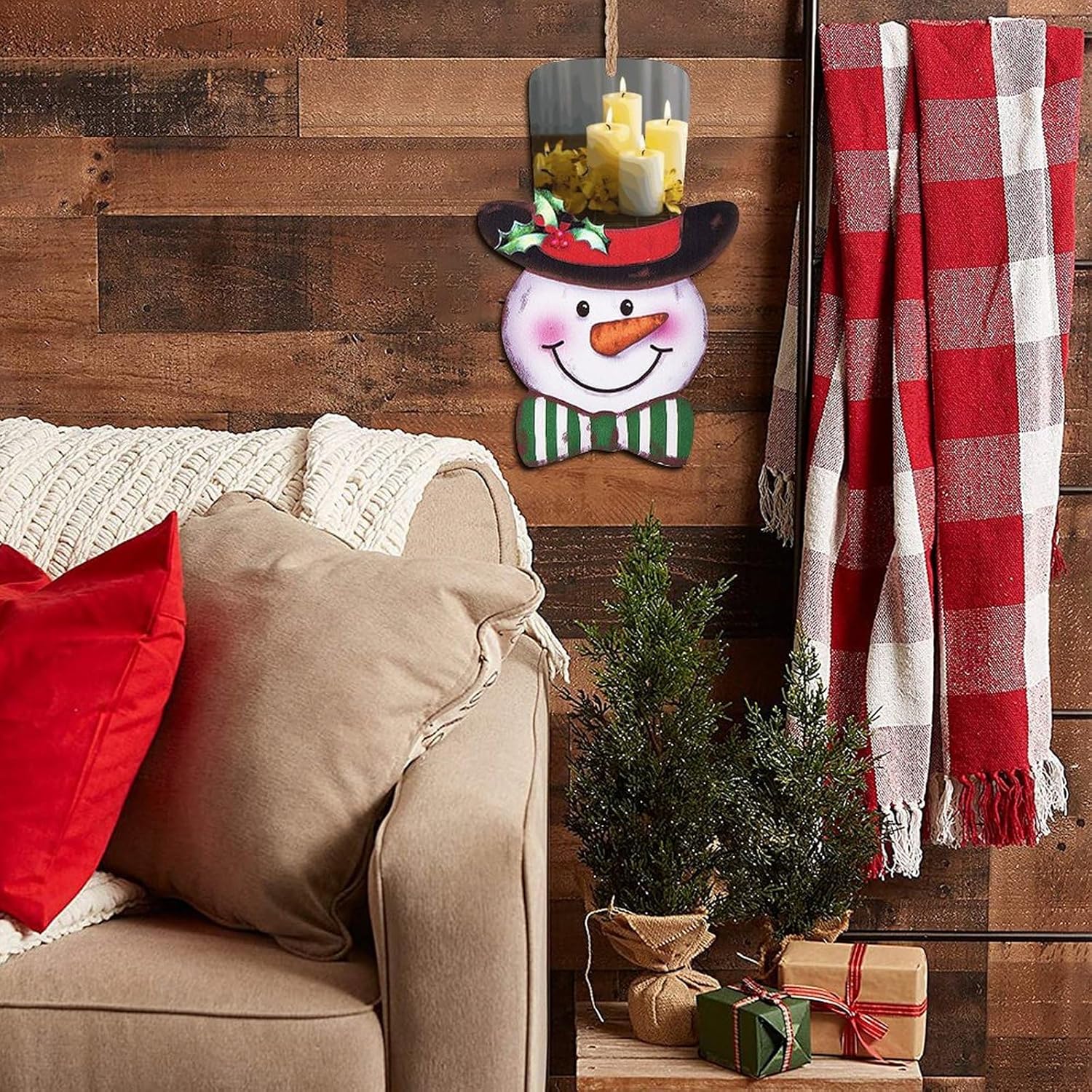 Christmas Snowman Wooden Sign with Rope