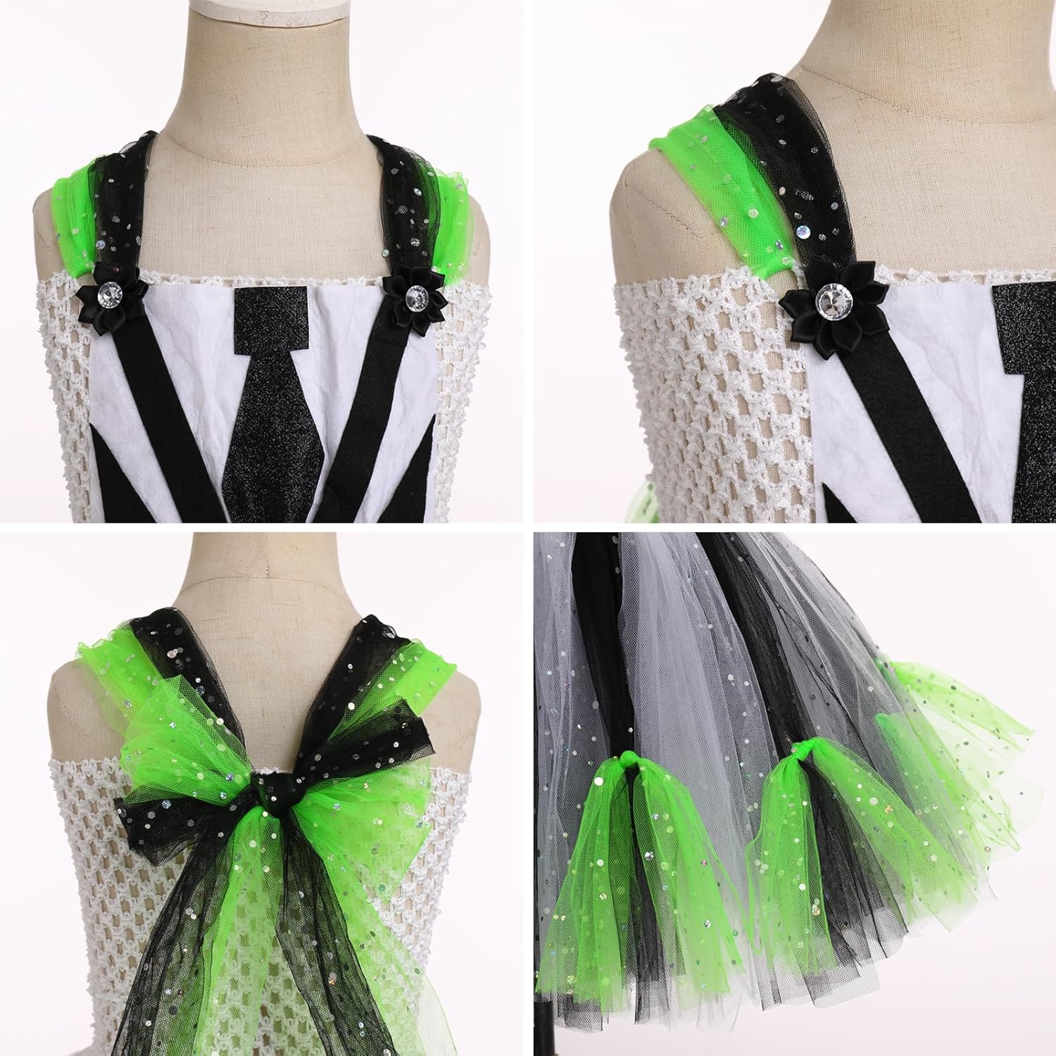 Kids Girls Halloween Costume Black White Striped Tulle Tutu Dress and Headband 2PCS