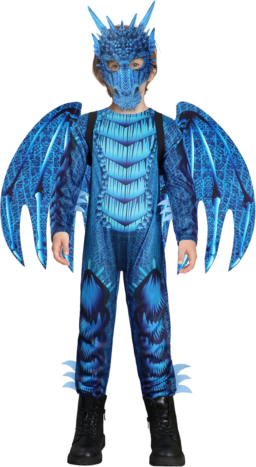 IKALI Kids Blue Dragon Costume with Wings and Mask Set