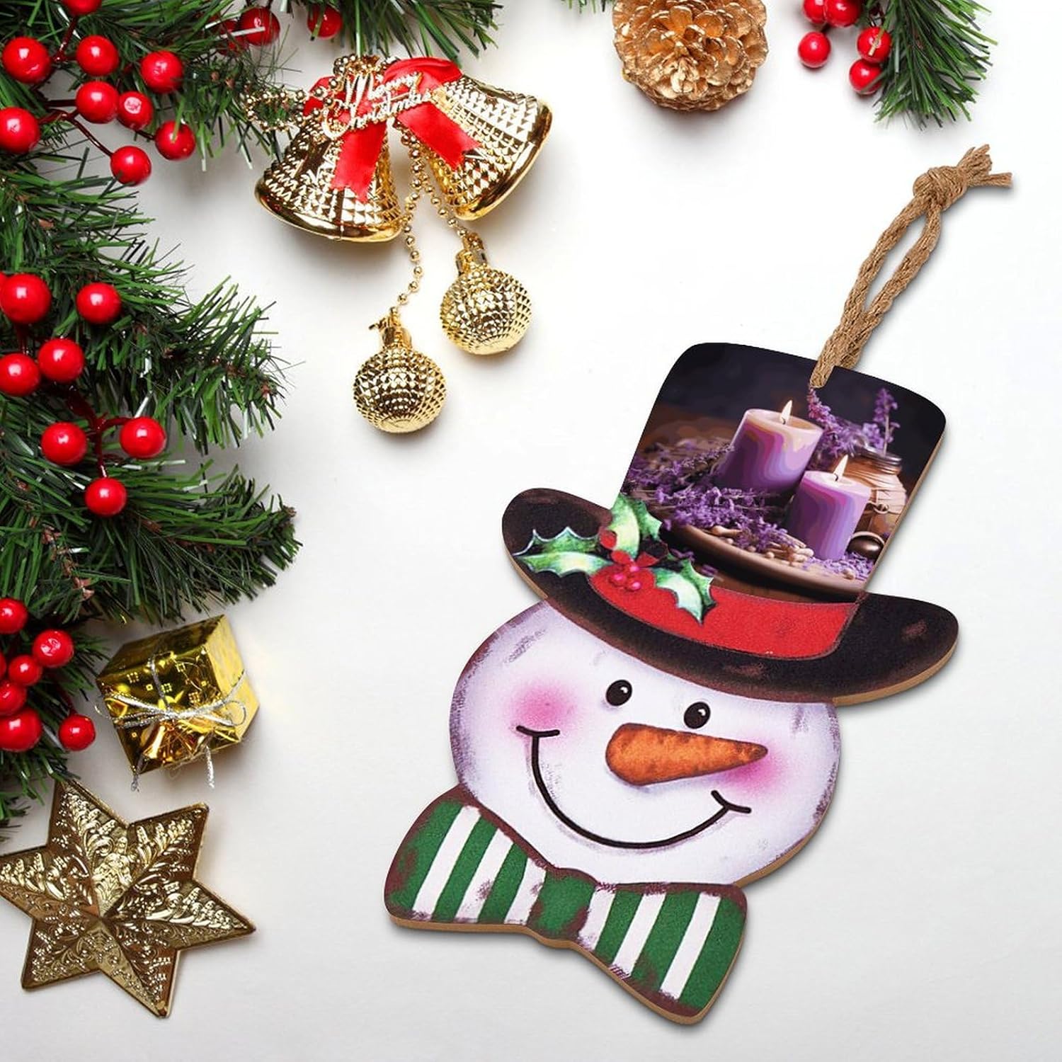 Christmas Snowman Wooden Sign - 138x87 Inch Purple Lavender with Candles