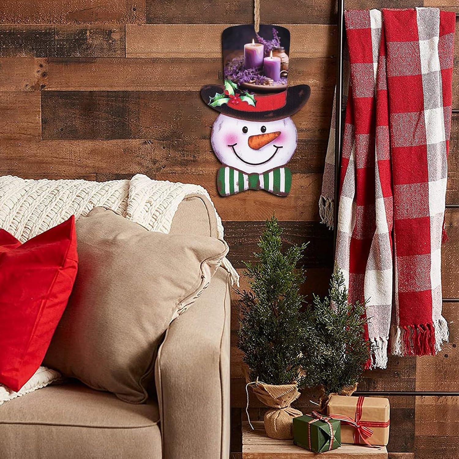 Christmas Snowman Wooden Sign - 138x87 Inch Purple Lavender with Candles