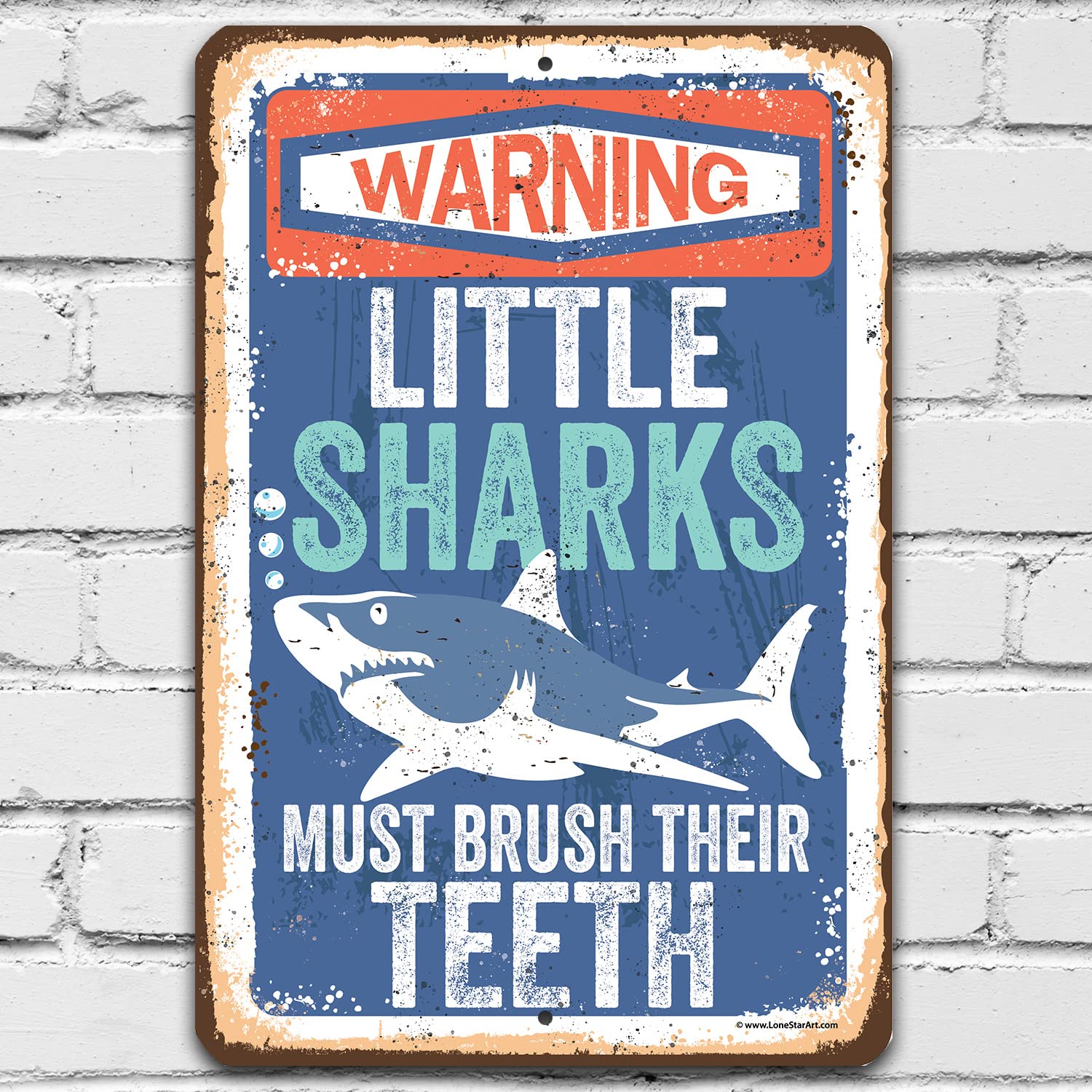 Little Sharks Brush Teeth Wall Art - 12x18 Durable Metal Sign