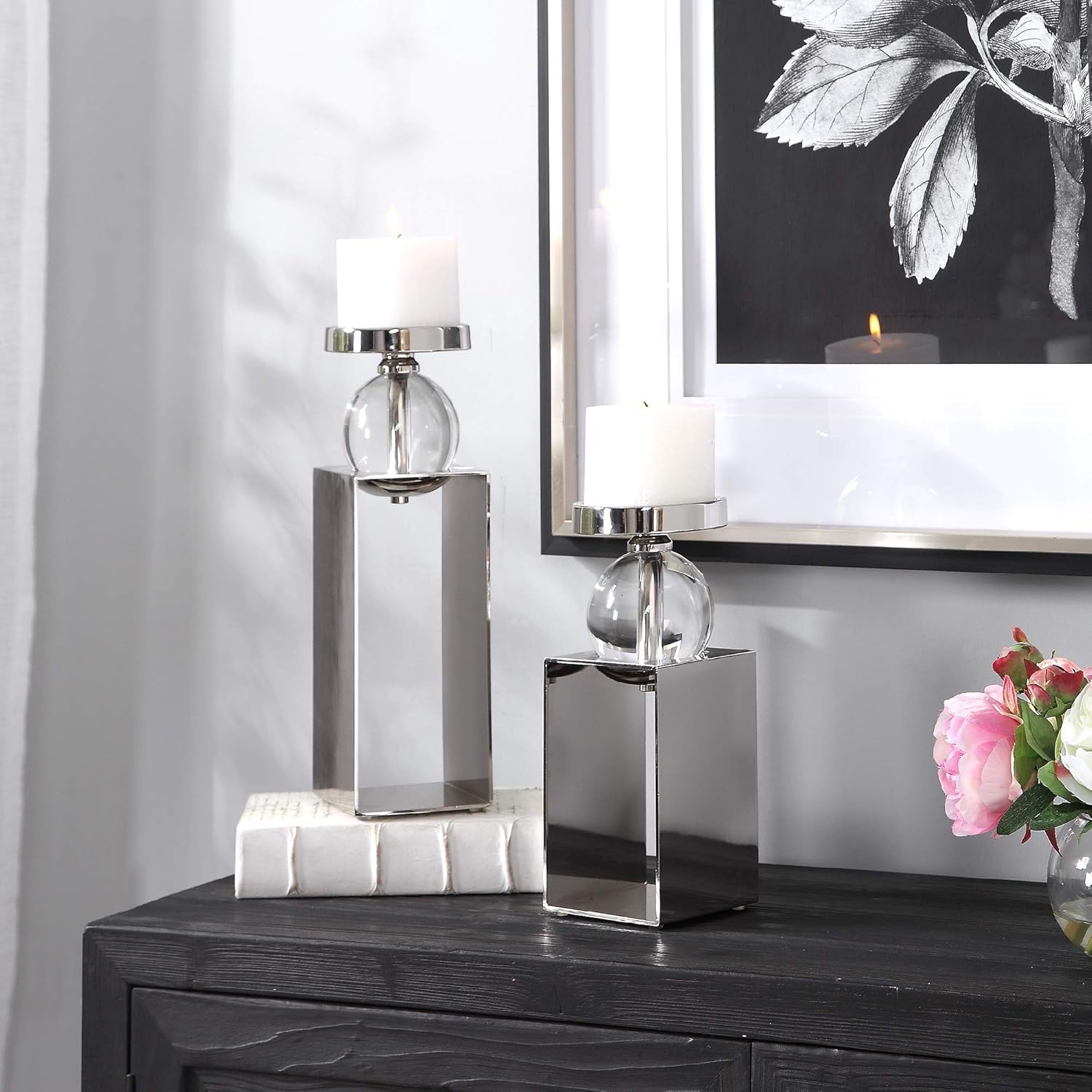 Contemporary Home Living Silver Rectangle Candle Holders Set of 2