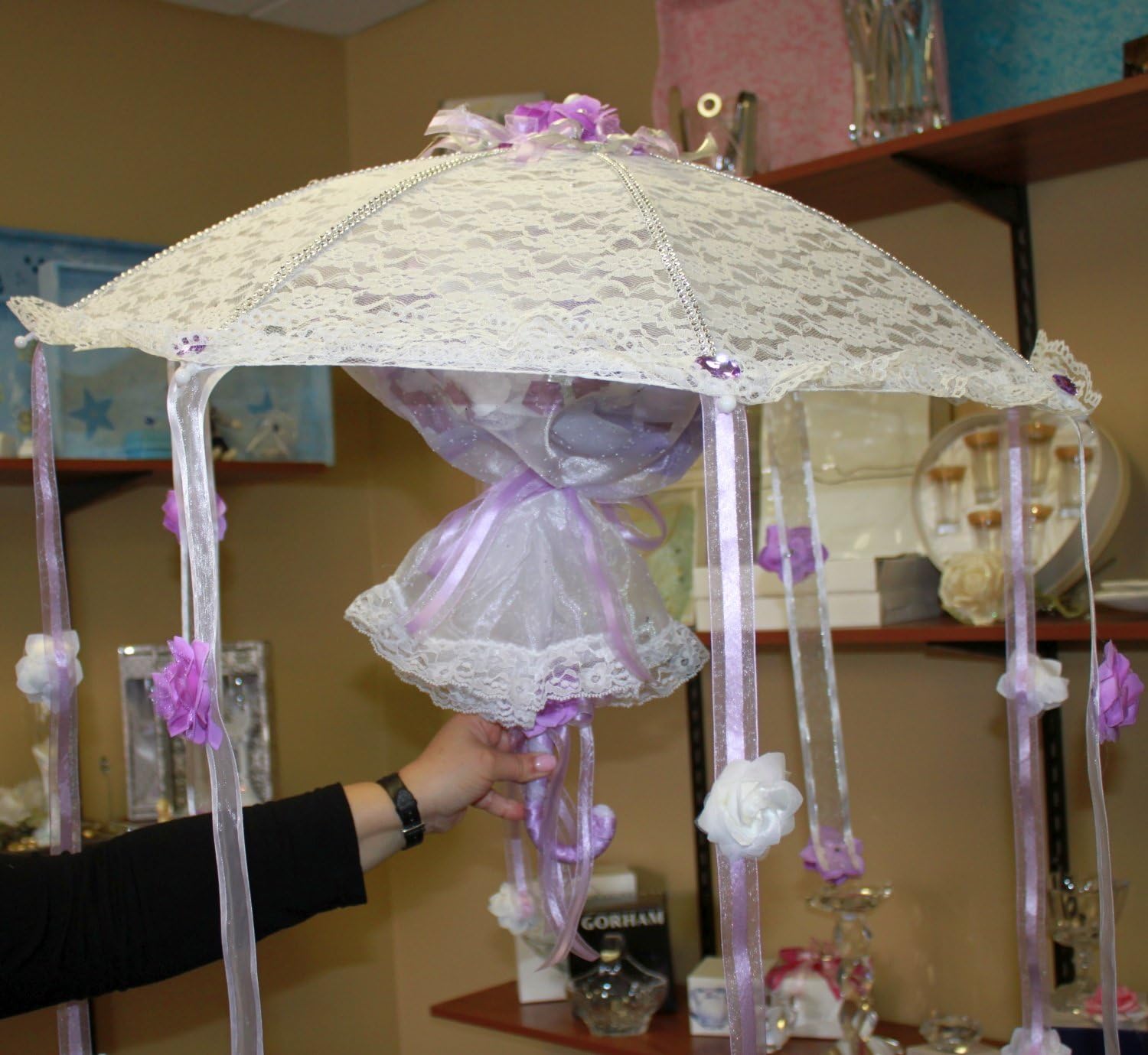 FavorOnline Shower of Happiness White Lace Umbrella with Rose Petals and Confetti