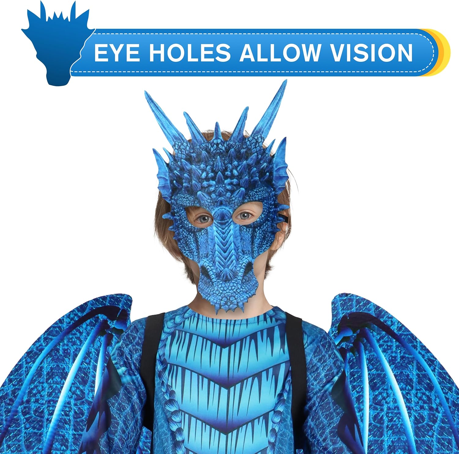 IKALI Kids Blue Dragon Costume with Wings and Mask Set