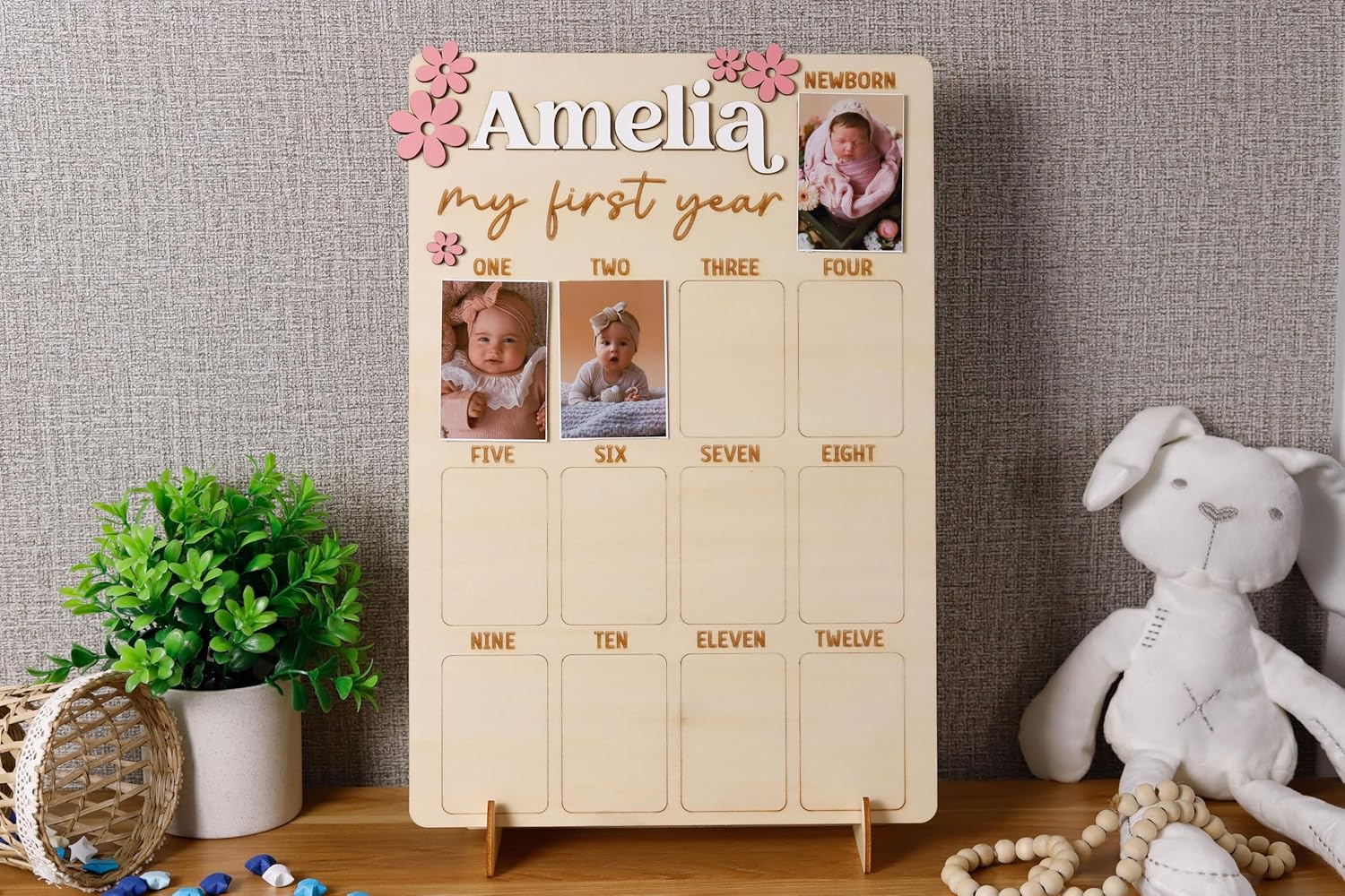 Baby First Year Photo Keepsake Sign with Easel Stand
