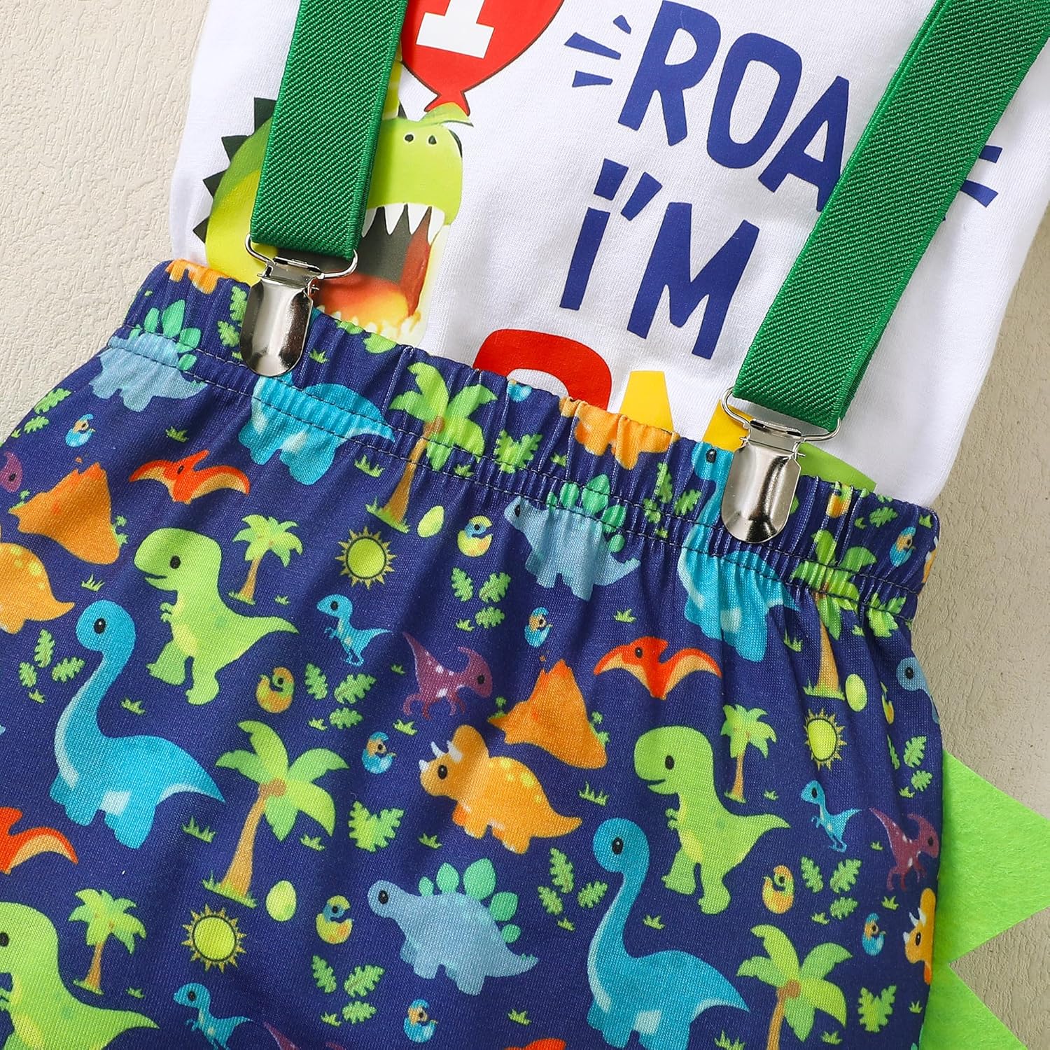 Baby Boy 1st Birthday Dinosaur Romper Suspenders Set